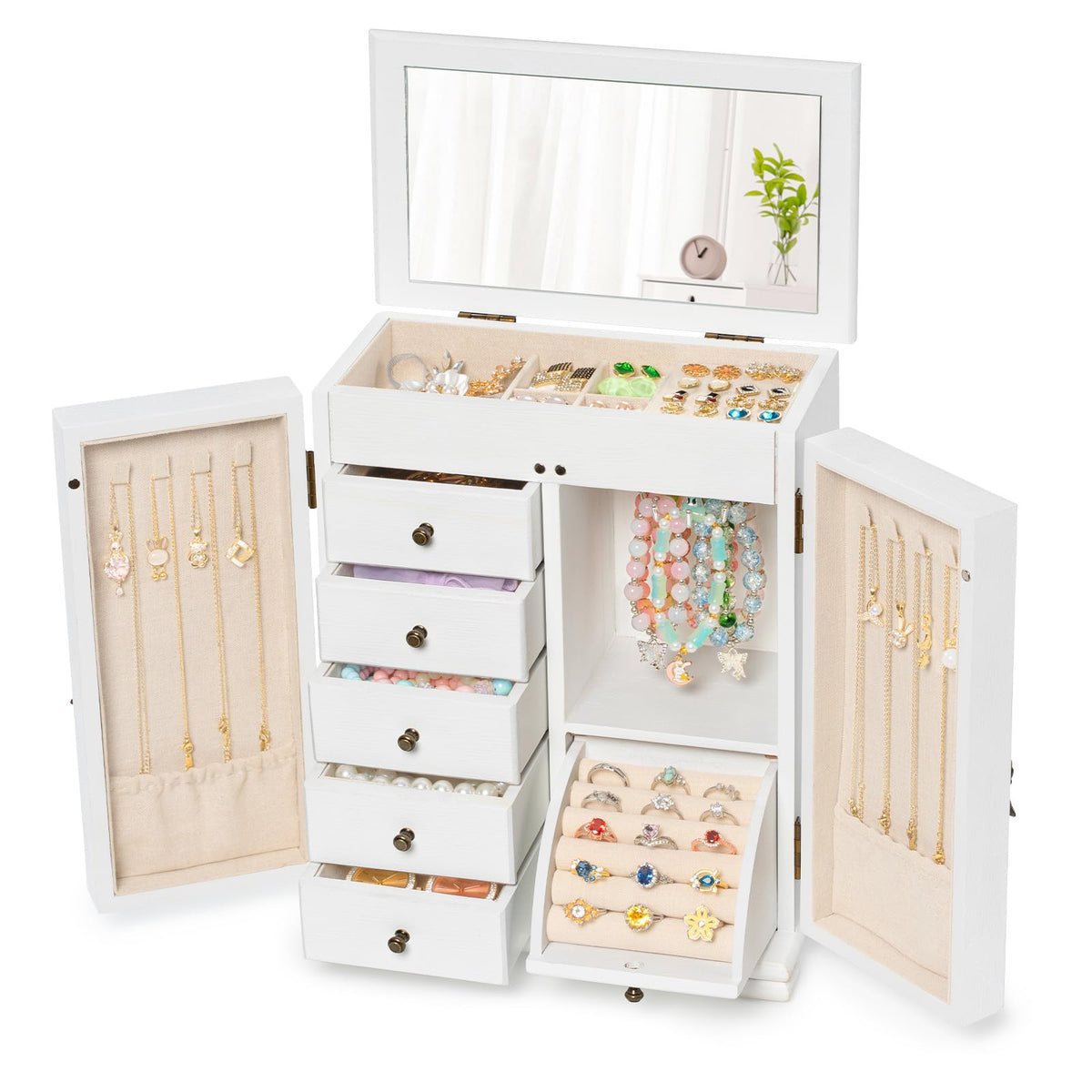 SINGBLA Jewelry Box Organizer, Farmhouse Wooden Jewelry Boxes for Women Girls, 6 Layer Jewelry Case Storage with Bracelet Holder Display Hooks for Necklaces Earrings Rings Bracelets (Weathered White)