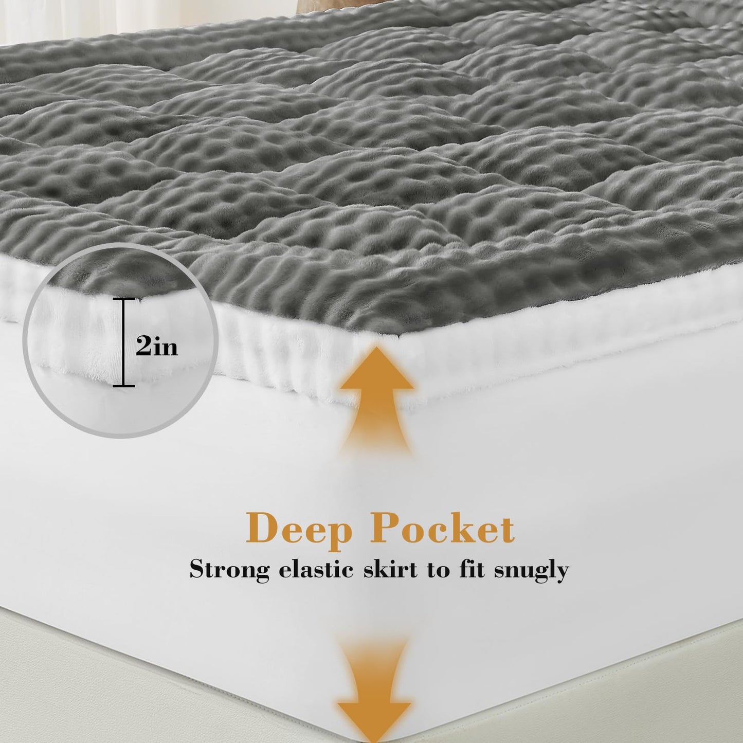 Cymula Full Size Mattress Topper for Winter Fleece Bubble Pillow Top Mattress Pad with 8-21 Inch Elasticated Deep Pockets, Plush Down Alternative Fill Warm Fuzzy Mattress Protector, Grey