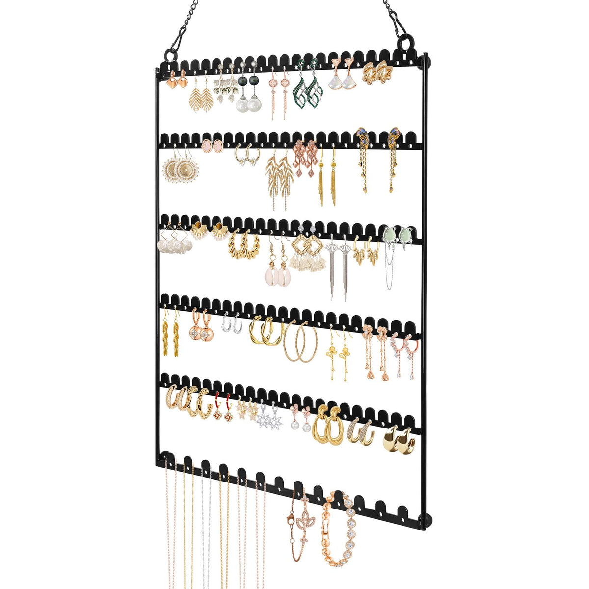 milylove 6 Tier Earring Holder Wall Mounted Hanging Earring Organizer, Earring Display Storage with 123 Holes and 129 Grooves Jewelry Organizer Tree for Stud/Hoop/Dangle Earrings Necklace（Black）
