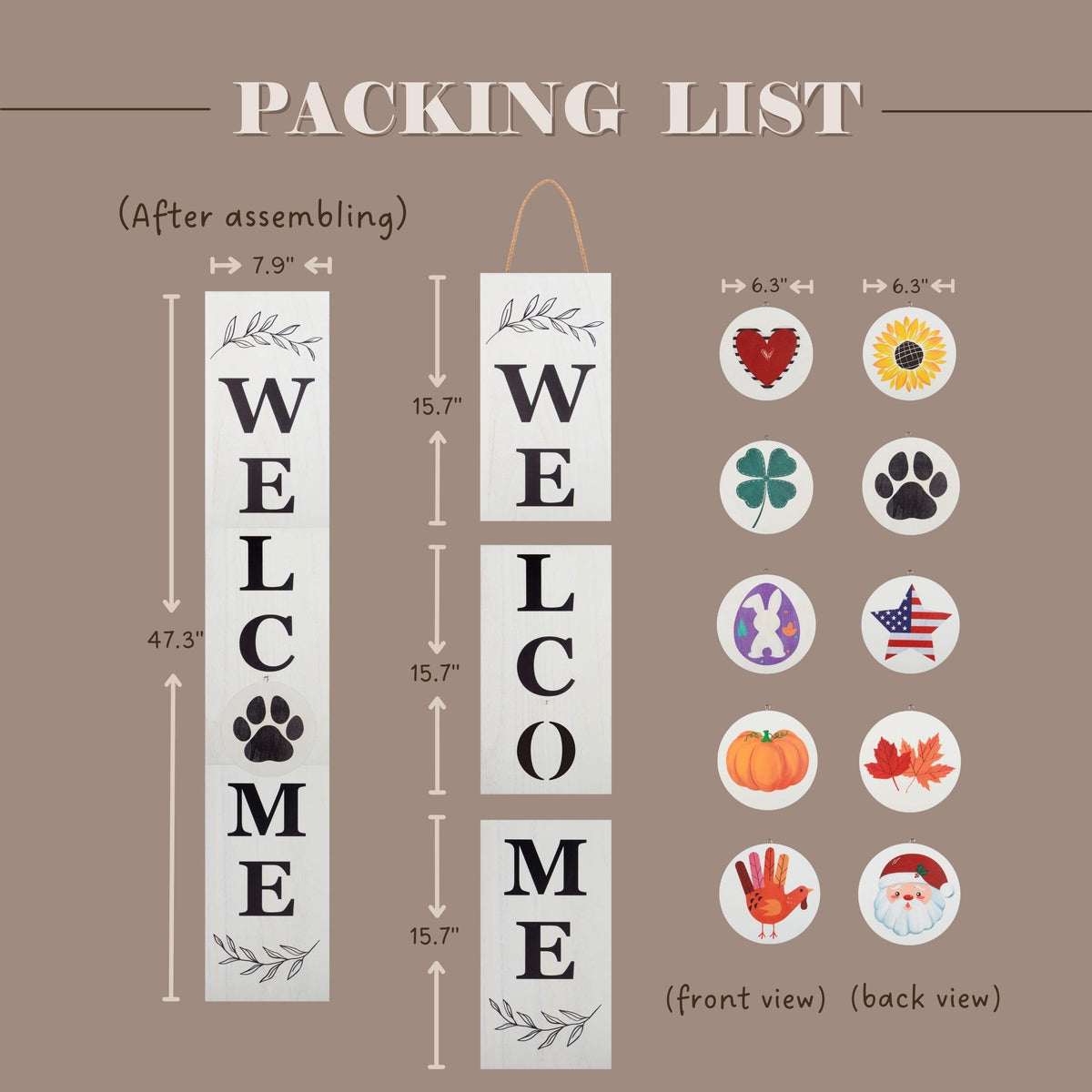 Perfnique Interchangeable Welcome sign for front porch standing, 47 x 7.9 Inch Black Wooden Leaner Sign with 10 Interchangeable Designed Icons, Modern Farmhouse Rustic Seasonal Decor for Spring Easter Fall Christmas (White)