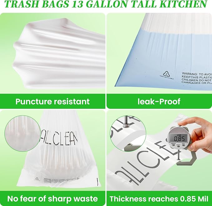 Trash Bags 13 Gallon Tall Kitchen Drawstring Garbage Bags, Fit 13 Gal Bins