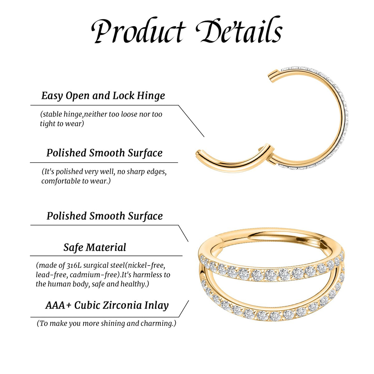 Nose Hoop Gold Double Hoop Septum Ring with CZ Septum Jewelry Surgical Steel Conch Piercing Jewelry Nose Earrings 16g Septum Clicker Lip Rings Helix Earring 12mm Conch Piercing Cartilage Earring