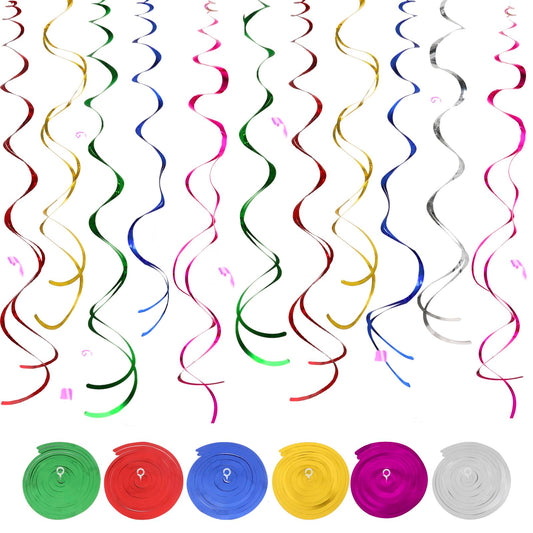 Colorful Ceiling Swirl Foil Decorations 30 Pcs- Hanging Swirls/Streamers Party Decorations in 6 Colors for Weddings, Birthdays, Graduations, Christmas - Easy to Assemble, Indoor & Outdoor Use