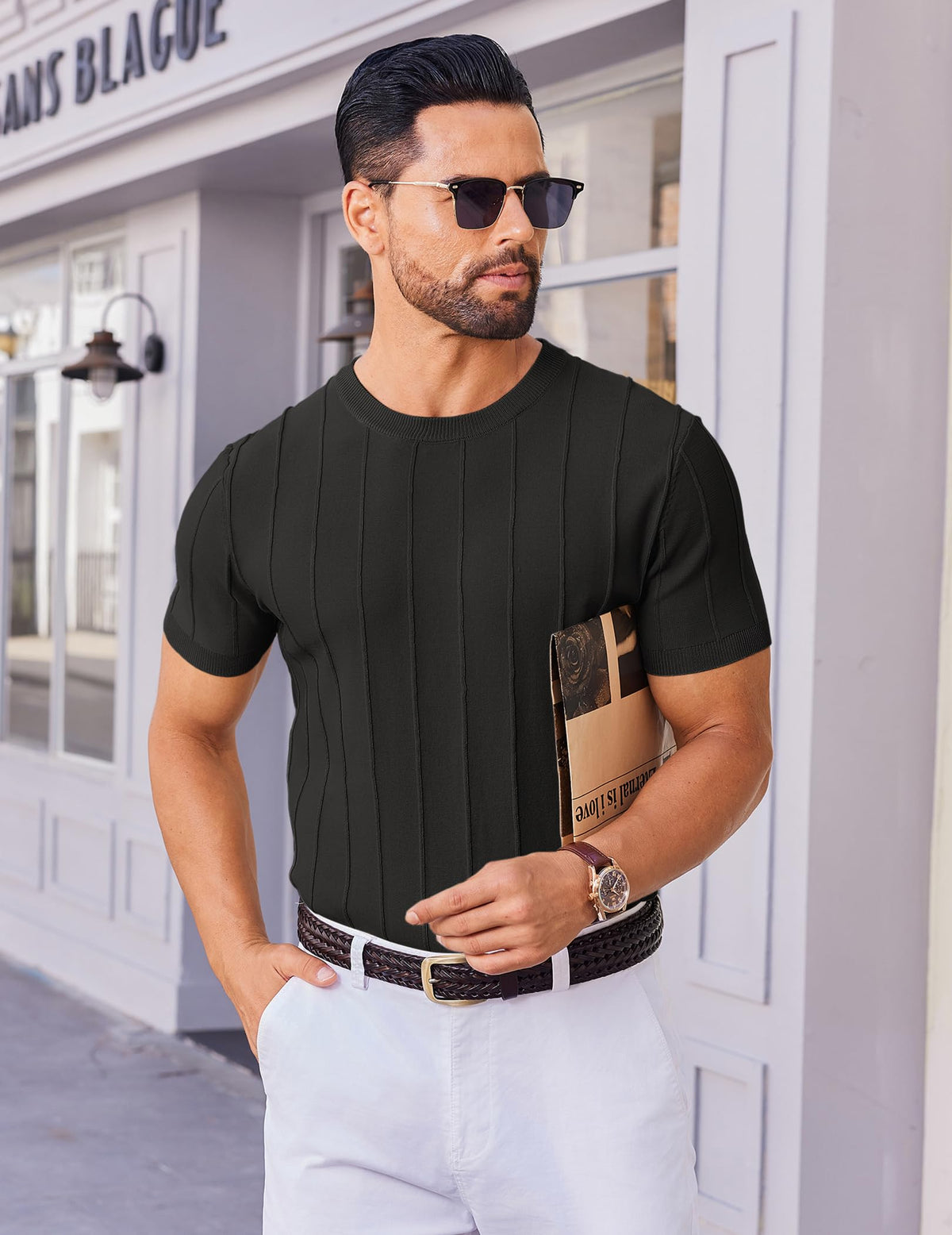 COOFANDY Mens Knit Shirt Casual Short Sleeve Crew Neck T Shirts Ribbed Summer Shirts Slim Fit Black