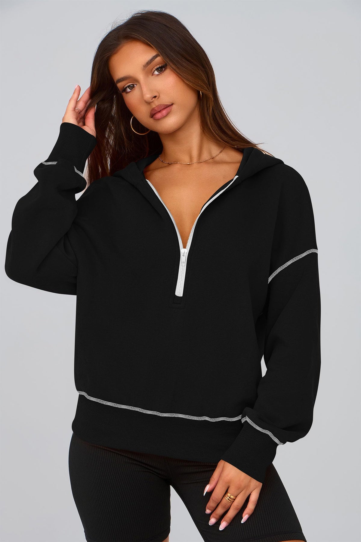 PRETTYGARDEN Women's Hooded Sweatshirts Long Sleeve Half Zip Cropped Hoodie Pullover Winter Fashion Clothes (Black,Large)