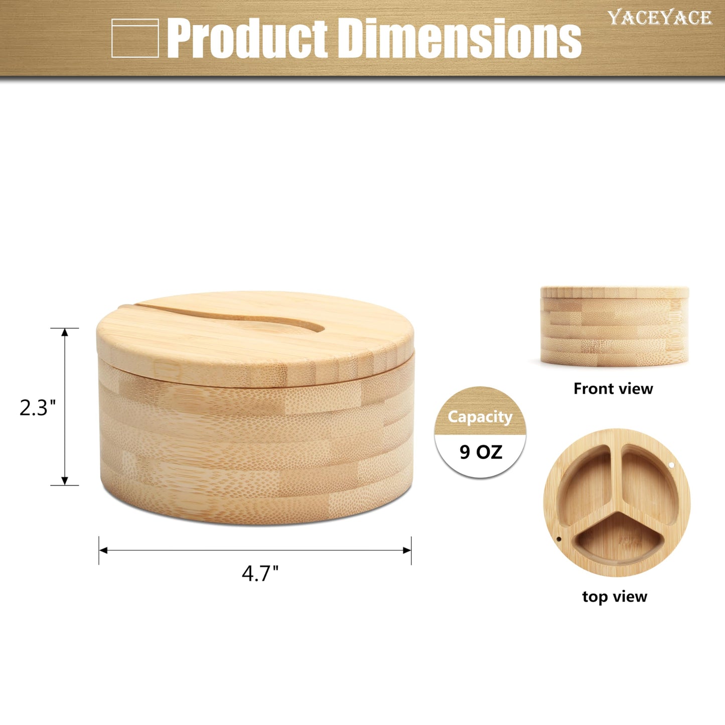 YACEYACE Bamboo Salt Cellar with Lid and Spoon, 9oz Small Salt and Pepper Containers, Bamboo Salt Containers for Countertop, Salt and Pepper Bowls