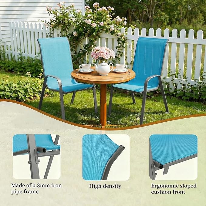 MAMIZO Patio Dining Chairs, Stackable All Weather Teslin Chair, Heavy Duty Outdoor Breathable Chairs Set, w/Armrests, Upgraded Chair FeetW/Strenthened Iron Spacers, 330 LBS (6, Turquoise Blue)