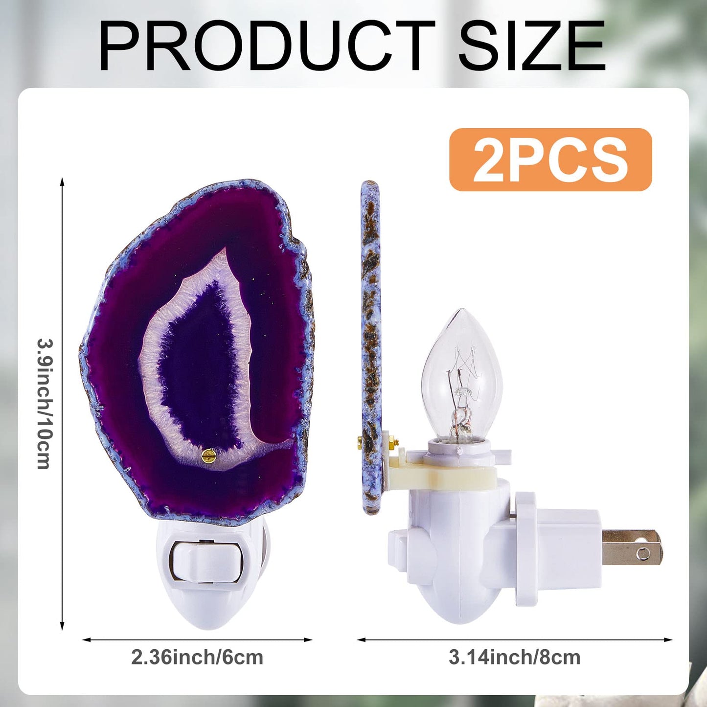 Funtery 2 Pcs Agate Night Light Agate Slice Light Crystal Nightlight Plug into Wall with Switch Crystal Lamp LED Hallway Stairways Home Decor for Toilet Kitchen Bedroom, Blue Purple