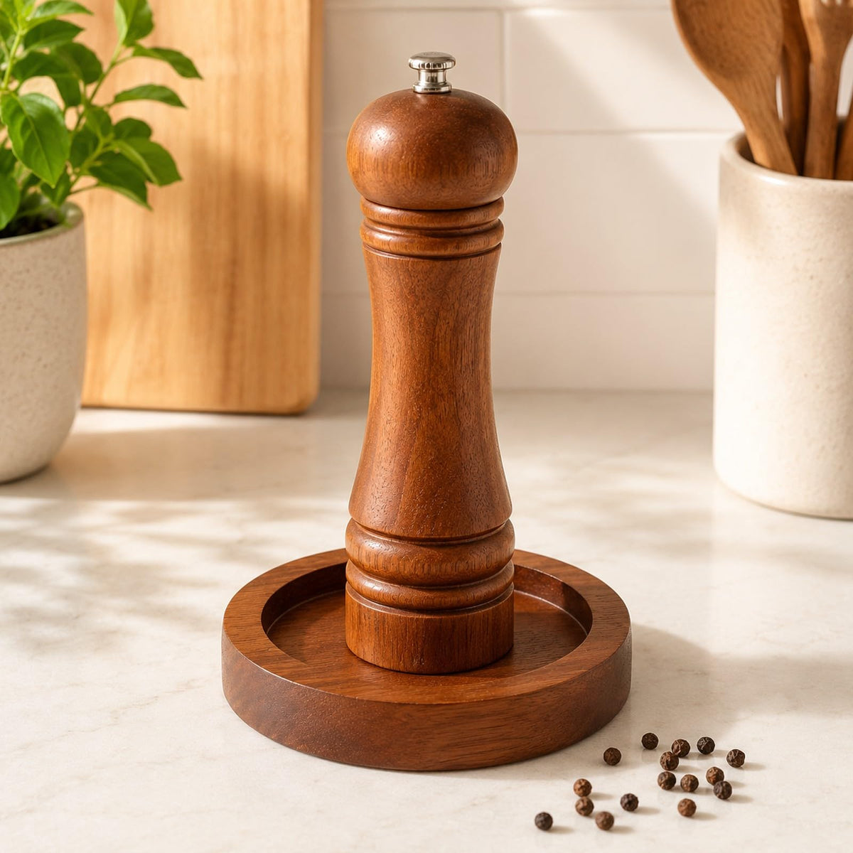 LOGOFUN Acacia Wood Spice Grinder Tray with Round Base Manual Salt Pepper Mill Holder for Kitchen Bottle Storage Home Supplies - 7.5X7.5X1.2cm/2.95X2.95X0.5in