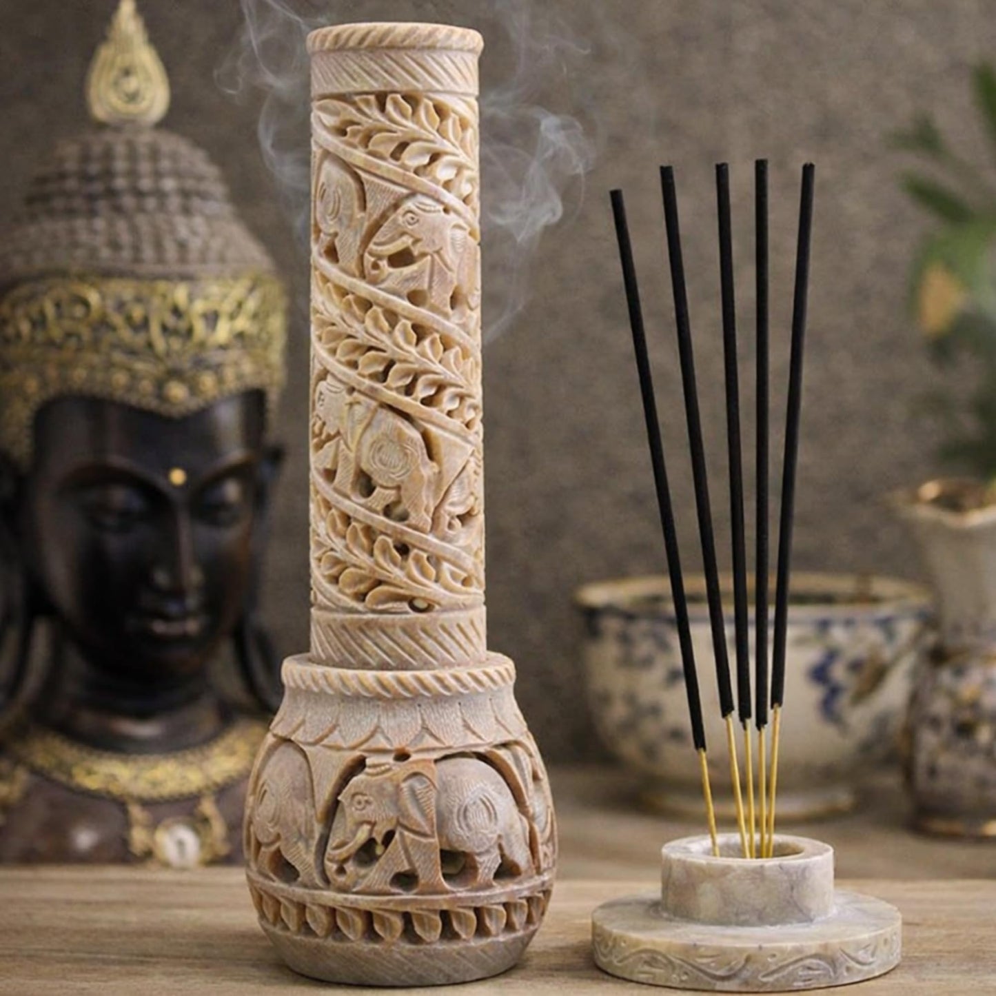 Carry Me Hand Carved Soapstone Incense Stick Holder | Candle Burner | Tea Light Stand. Elephant Jaali Carving Bottle Shape. Decorative Home and Kitchen Decor - (3x3x10.5 Inches)