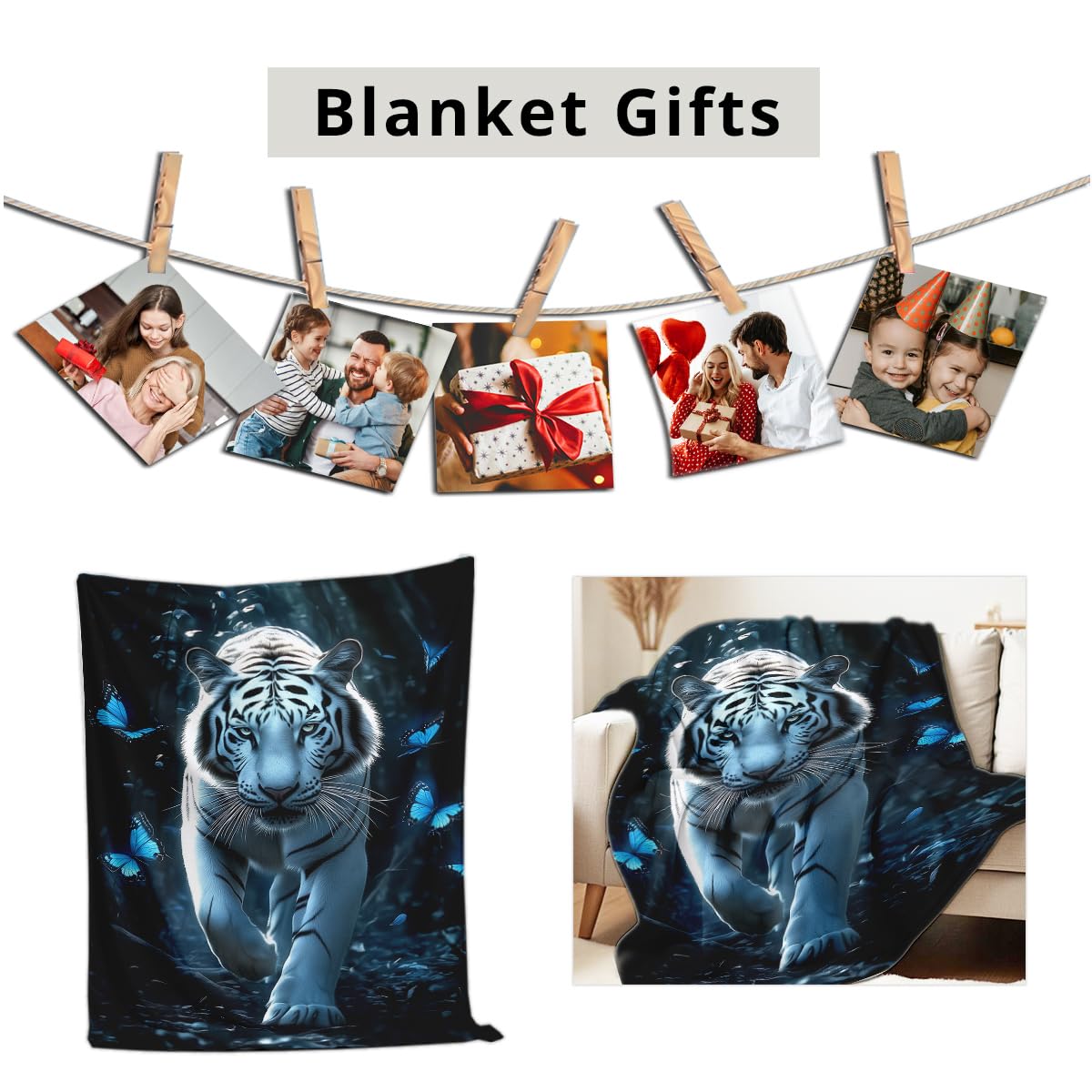 HUNXIAOJ White Tiger Print Flannel Blanket - Forest Wildlife Throw for Bed Couch Decor Wild Animal Queen Size Bedding Gifts for Tiger Lovers (49"x59")