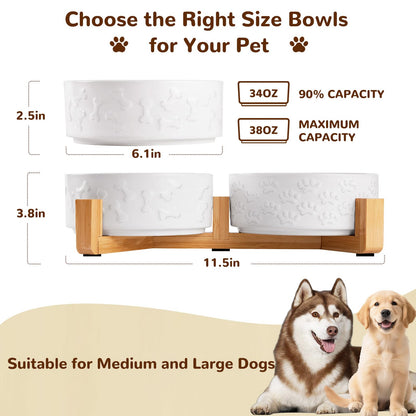 XIHAN Dog Bowls Set with Wood Stand & Mat Waterproof, 3.5 Cups Ceramic Dog Bowls Elevated for Medium Dogs, Dual Food and Water Bowls with Weighted Non-Slip Base 28.7 OZ