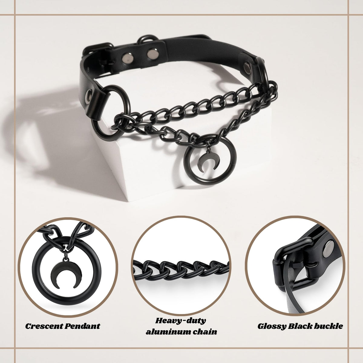 ADEMISHIA Black Gothic Chain Choker with O-ring and Moon Pendant, Punk Grunge Emo Leather Necklace For Women