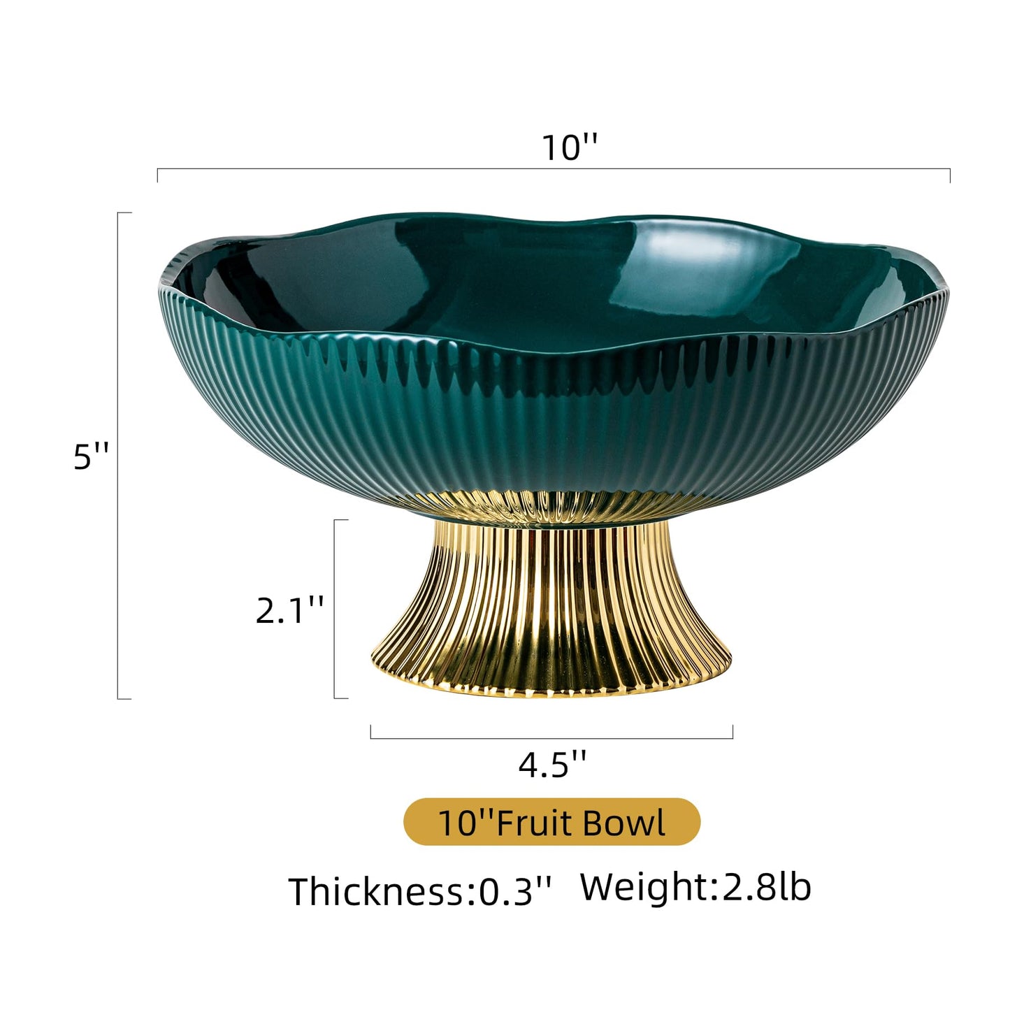 CCATSIX Ceramic Fruit Bowl,10” Pedestal Bowl, Decorated Fruit Tray for Kitchen Counter and Dining Table, Footed Bowls for Afternoon Tea Parties, Bread and Salad Bowl with Golden Feet. (green)