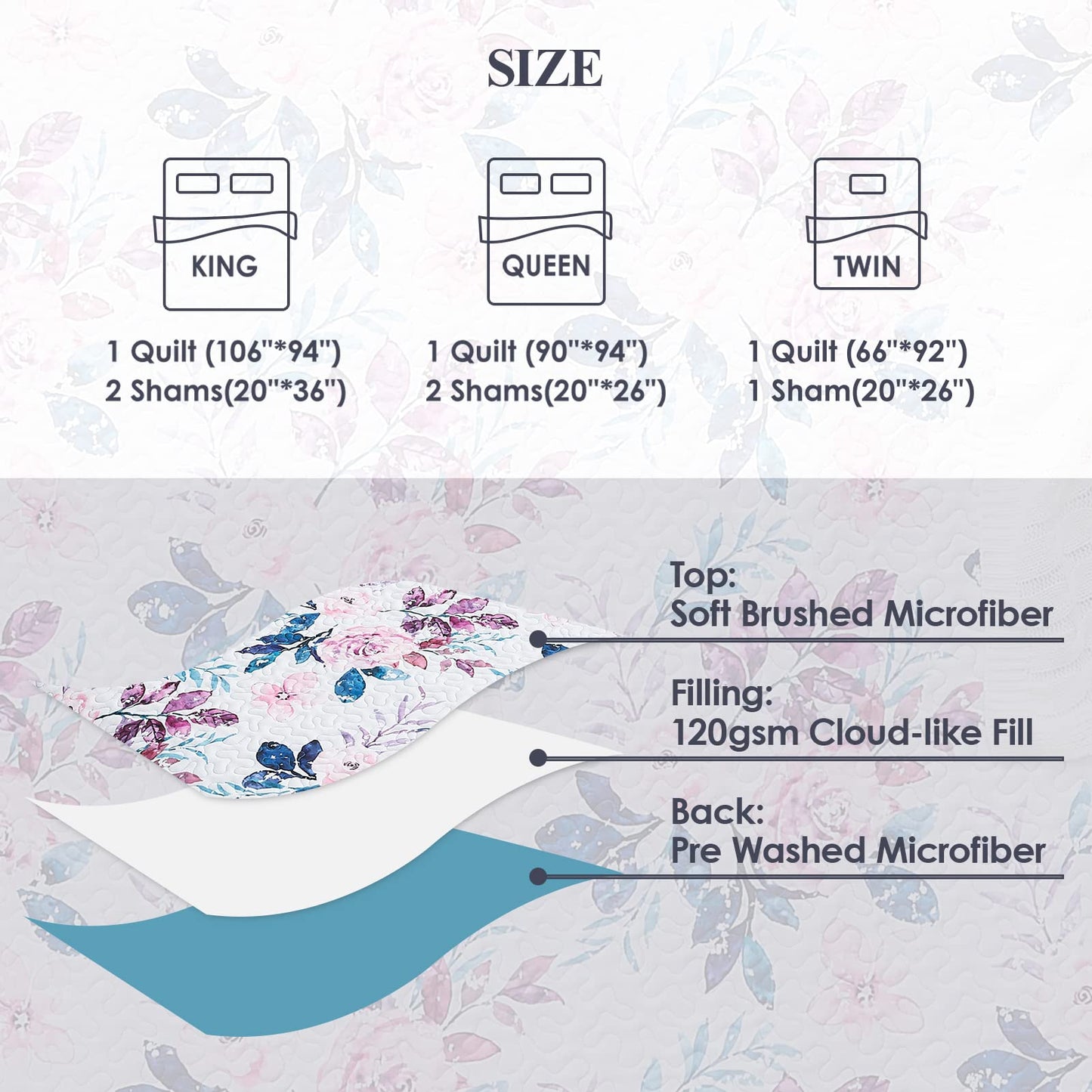 WRENSONGE Floral Quilt Queen Size - Reversible Botanical Flower Quilt Bedding Set Lightweight Bedspread Soft Coverlet for All Seasons (90"x94")