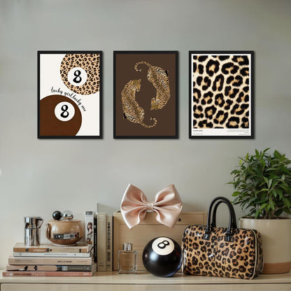 Framed Leopard Wall Art Set of 3, Preppy Cheetah and Lucky 8 Ball Canvas Prints, Trendy Y2K Girly Wall Decor for Teen Girls Bedroom, Bathroom, Dorm, Living Room, 12x16 Inch