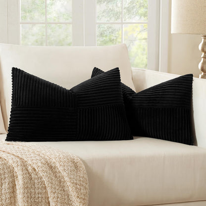 MIULEE Black Corduroy Pillow Covers Pack of 2 Boho Decorative Spliced Throw Pillow Covers Soft Couch Pillowcases Cross Patchwork Textured Cushion Covers for Living Room Bed Sofa 18x18 inch