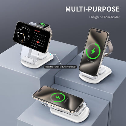 RYND 2026 Traveling Wireless Mag-Safe Fast Charging Station,Magnetic 3 in 1 Charger with Light for iPhone 16 15 14 13 12 Pro Max Plus,Apple Watch Series & Air pods 4 3 2 Pro-Gifts for Wife & Husband