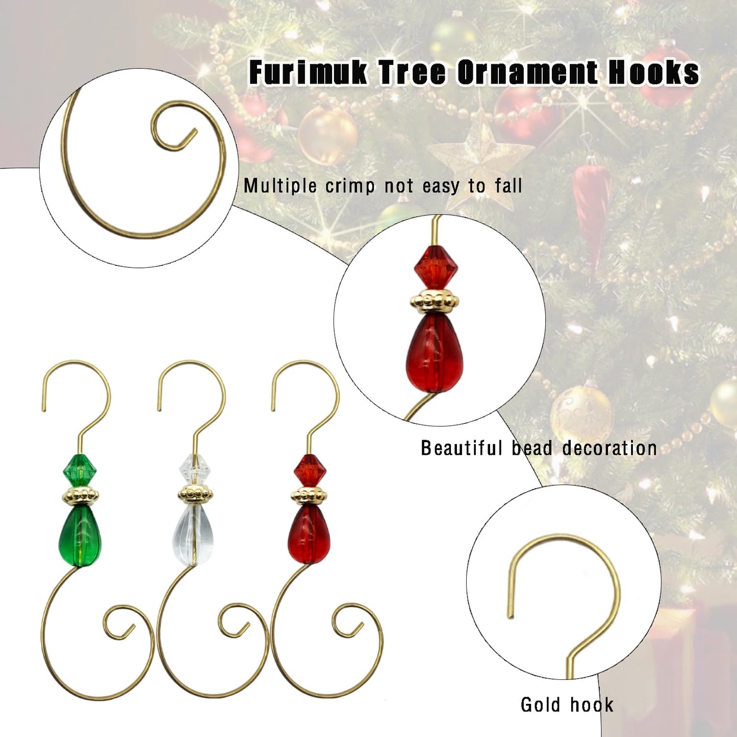 Furimuk 30 Pcs Ornament Hooks Hangers Christmas Decorative Hanging Stainless Wire with Acrylic Crystal Jewel Beaded, Swirl S-Shaped Hangers Hook for Christmas Tree Decorations