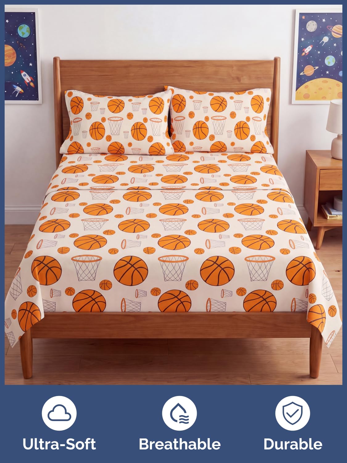 CGK Unlimited Kids Basketball Queen 4 Piece Sheet Set - Boys, Girls, Teens, Toddler - Easy Fit Deep Pockets - Soft, Cooling & Breathable Sheets - Cute, Cozy, Fade and Wrinkle Free - Machine Washable