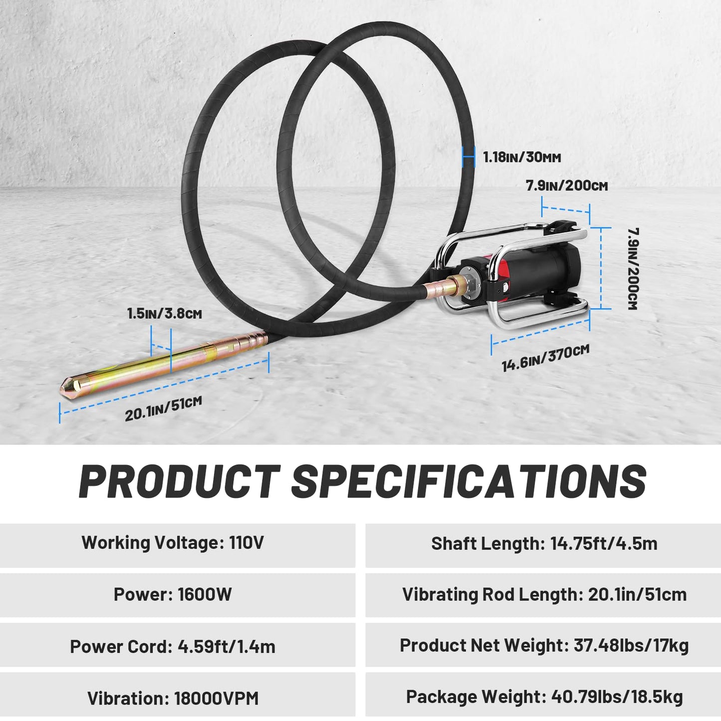 YJINGRUI Cordless Concrete Vibrating Tool for Makita 18V Max Battery & 1600W Power Concrete Vibrator