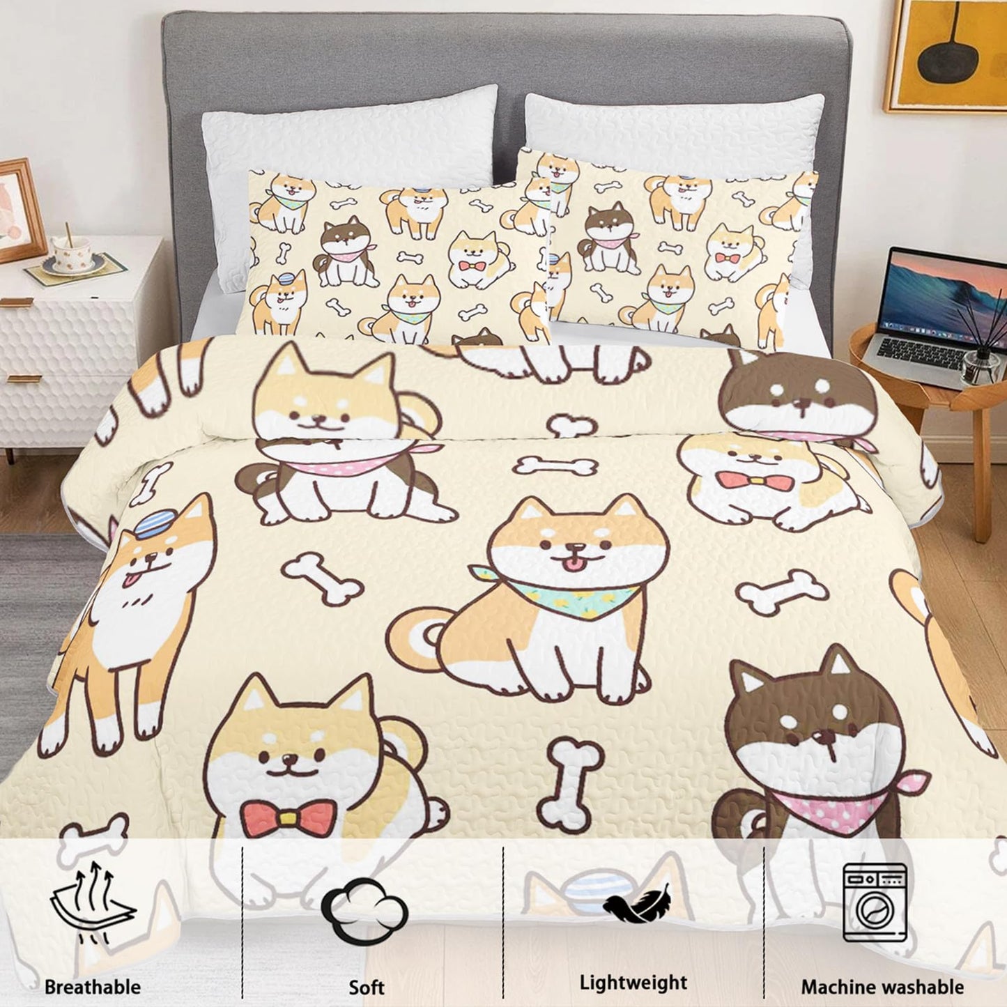 XYNHML Kawaii Corgi Dog Animal Quilts Bedding Twin 3Pcs Cartoon Yellow Black Pet Puppy Dogs Quilt Bed Set Lightweight Soft Bedspreads Coverlet with 2 Pillowcases for Kid Boy Girl Teen Adult Bed Decor