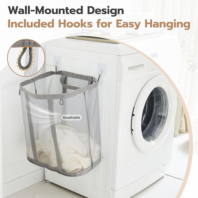 Mesh Laundry bag with Handles, 42L Collapsible Laundry Basket with 2 Hooks