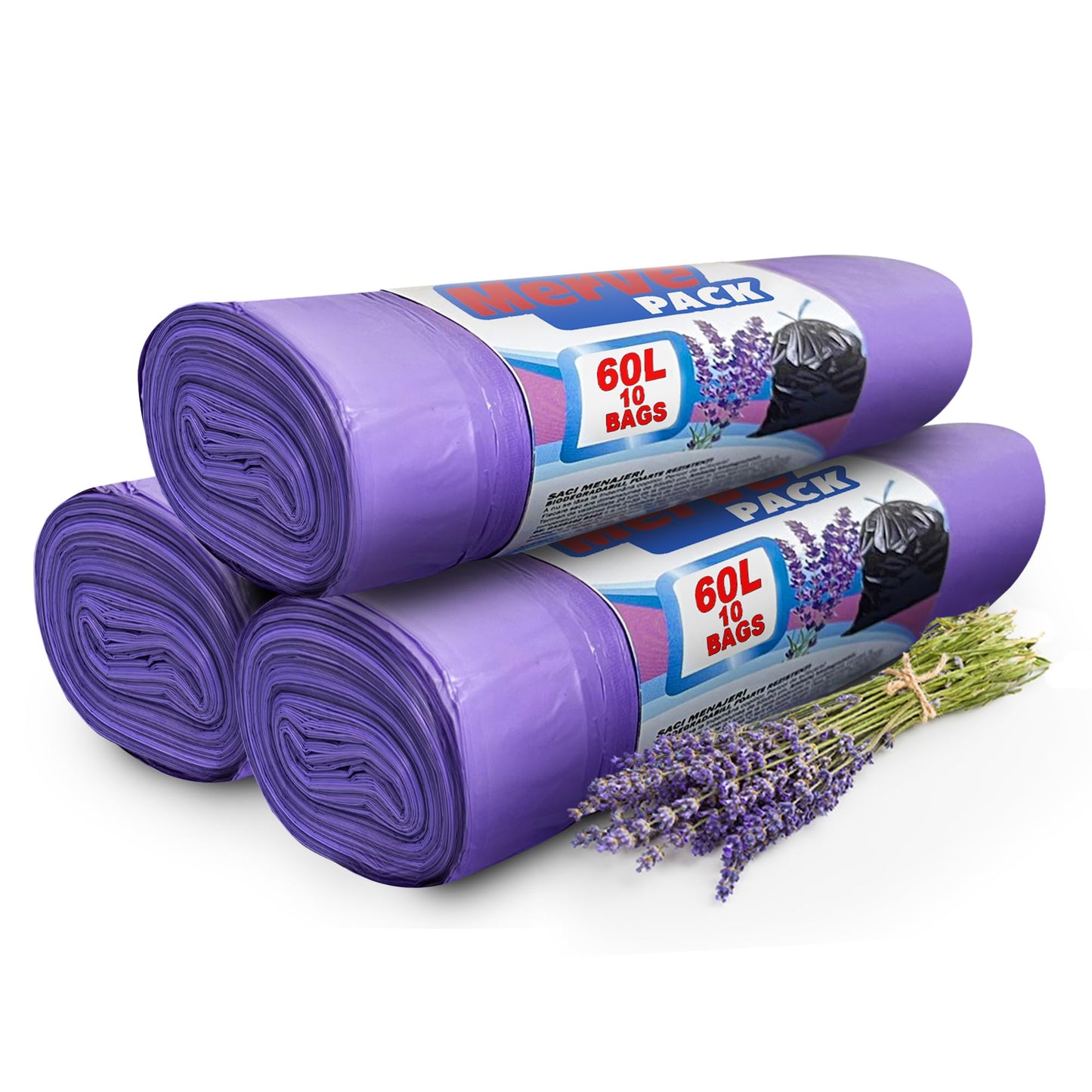 60L Lavender Scented Bin Bags, Waste Bags, Set 3 Rolls Counts 30 bags, Bin Liners with Drawstrings Trash Bags for Kitchen, Office, and Bathroom Bin Liners