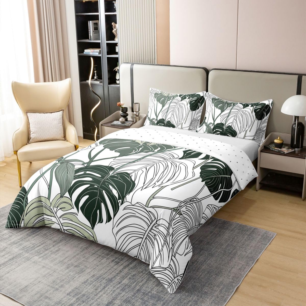 100% Natural Cotton Palm Leaf Bedding Set Monstera Duvet Cover Tropical Leaves Branch Comforter Cover Hawaiian Hippie Botanical Bedspread Cover for Kids Adult, Decor 2Pcs Twin Size, Soft Microfiber