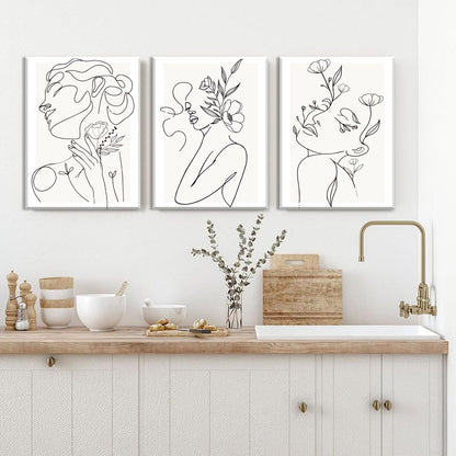 yulihaz Minimalist Woman Flower Line Wall Art Set of 3 Neutral Modern Abstract Black and White Girl Canvas Painting Poster Prints Picture Wall Decor for Bedroom Living Room Framed 12x16 inch