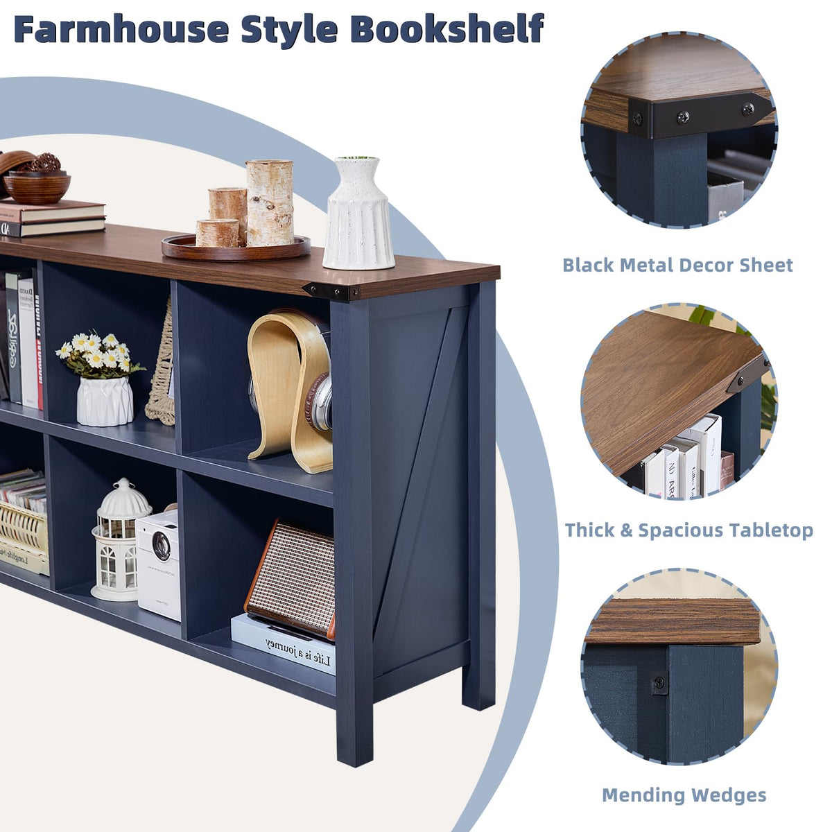 Joaxswe 6 Cube Bookcase, Farmhouse Wood Low Storage Organizer Book Shelf, 47" Horizontal Navy Blue Console Bookshelf with Legs, Hallway Book Case for Entryway, Display Cabinet for Living Room, Office