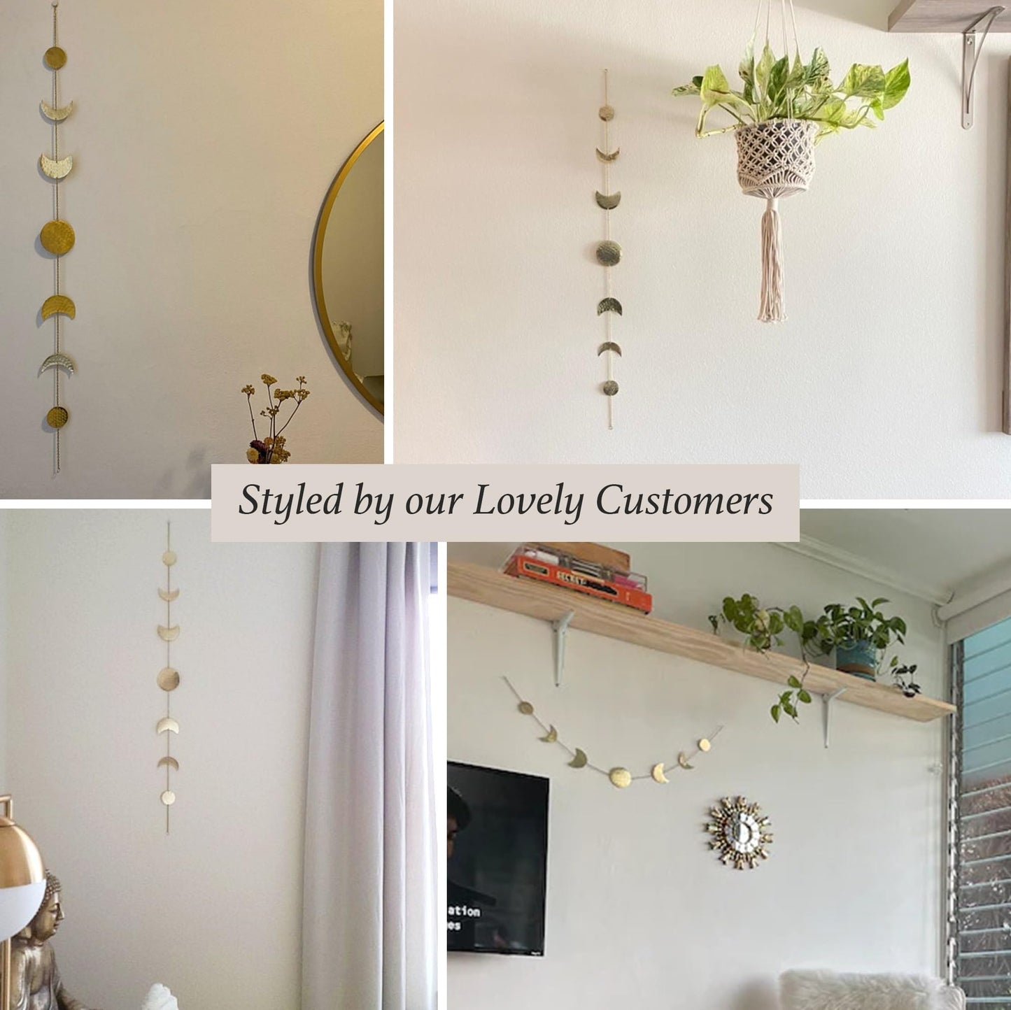 BASE ROOTS Moon Phase, Gold Wall Decor for Bedroom & Living Room, Bohemian Wall Decor, Handmade Hammered Metal 34" 7 Phases Moon, Celestial Wall Art, Gift for Women & Kids