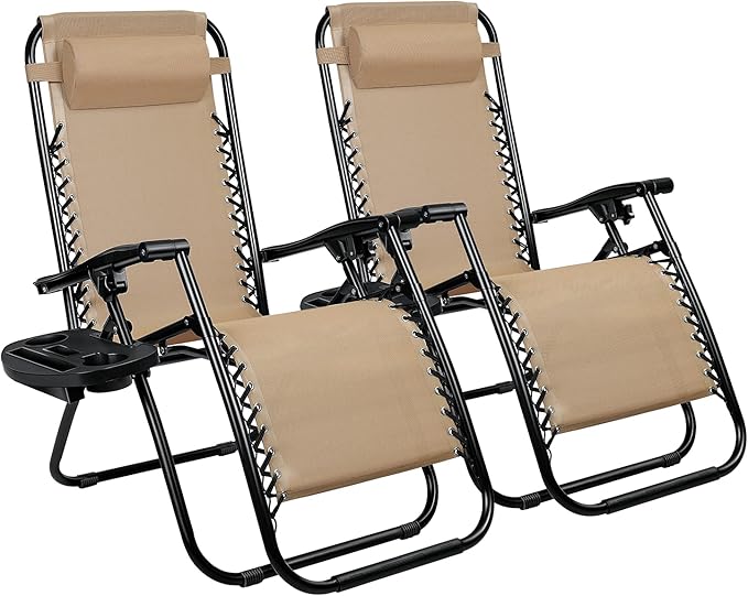 Homall Zero Gravity Chairs - Adjustable Folding Lawn Lounge Chairs with Pillows for Poolside, Backyard and Beach - Set of 2 (Cream-Coloured)