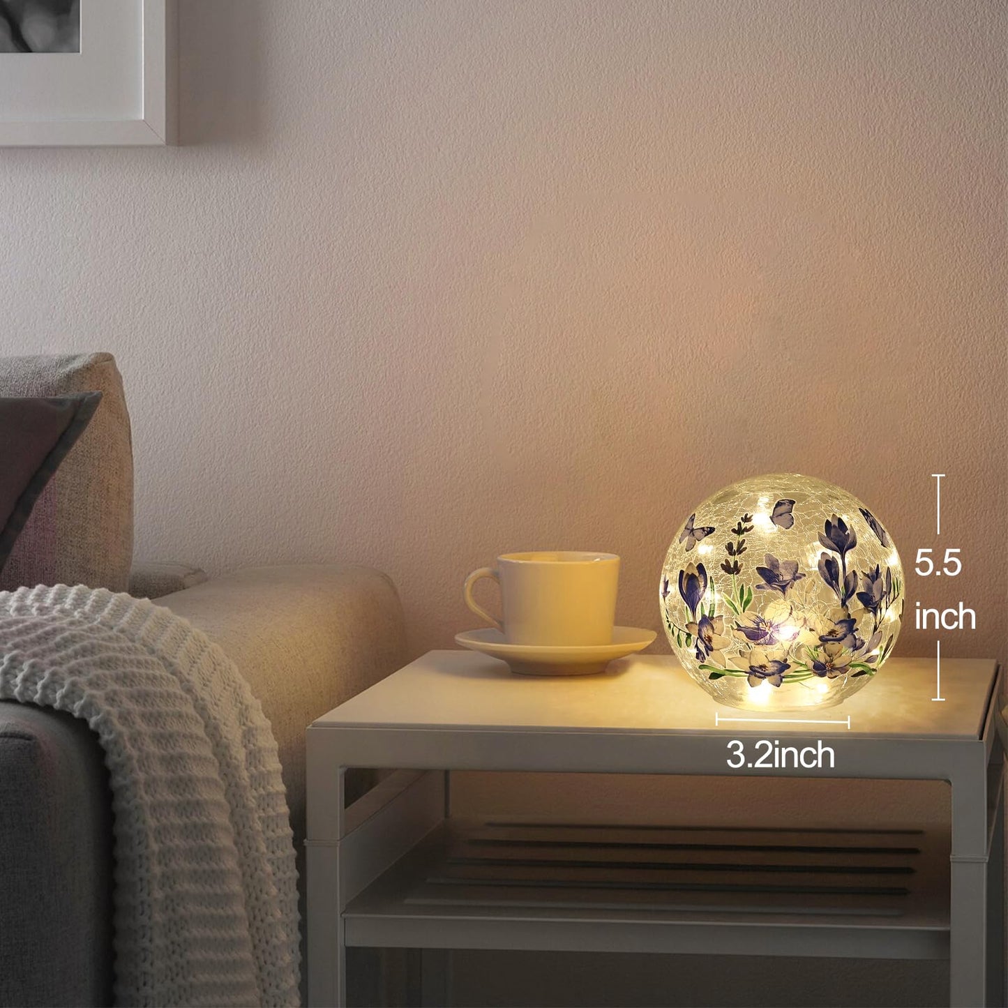 Sphere Glass Crystal Lamp with Timer – 6 Inches, 6 Hours Auto On / 18 Hours Off, LED Light with Blue Flowers and Green Grass Designs, Handcrafted Decorative Glass Light for Home Decor
