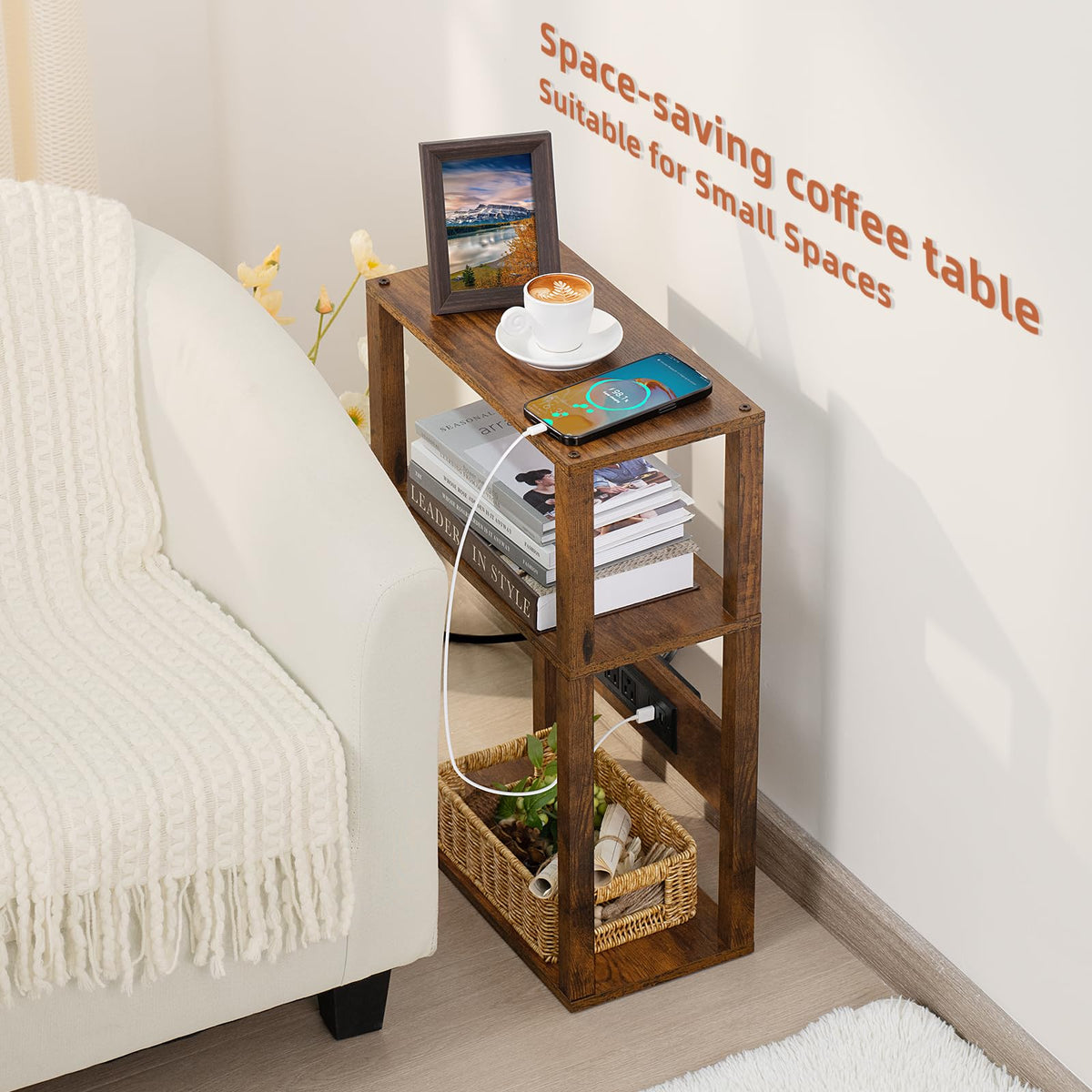 YUFAM 3-Tier Small Narrow Wood Side Table with Charging Station, Skinny Nightstand for Small Space, Slim Bedside Table with Storage for Couch, Thin End Table with USB Ports and Outlets, Rustic Brown