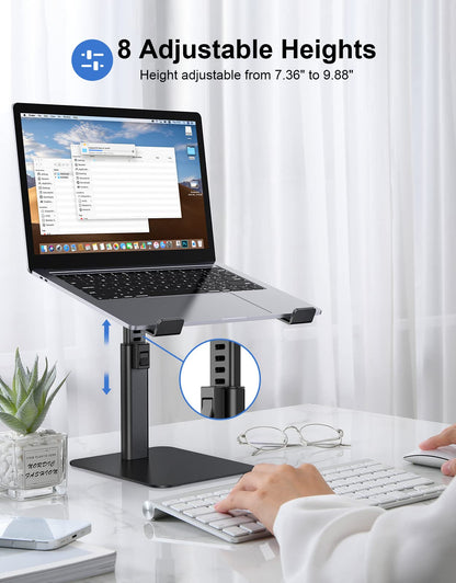 Babacom Laptop Stand for Desk, 8 Adjustable Height Aluminum Laptop Riser, Ergonomic Computer Stand Sit to Stands Desktop Book Stands Compatible with MacBook, Air, Pro and More 10"-16" Notebooks-Black