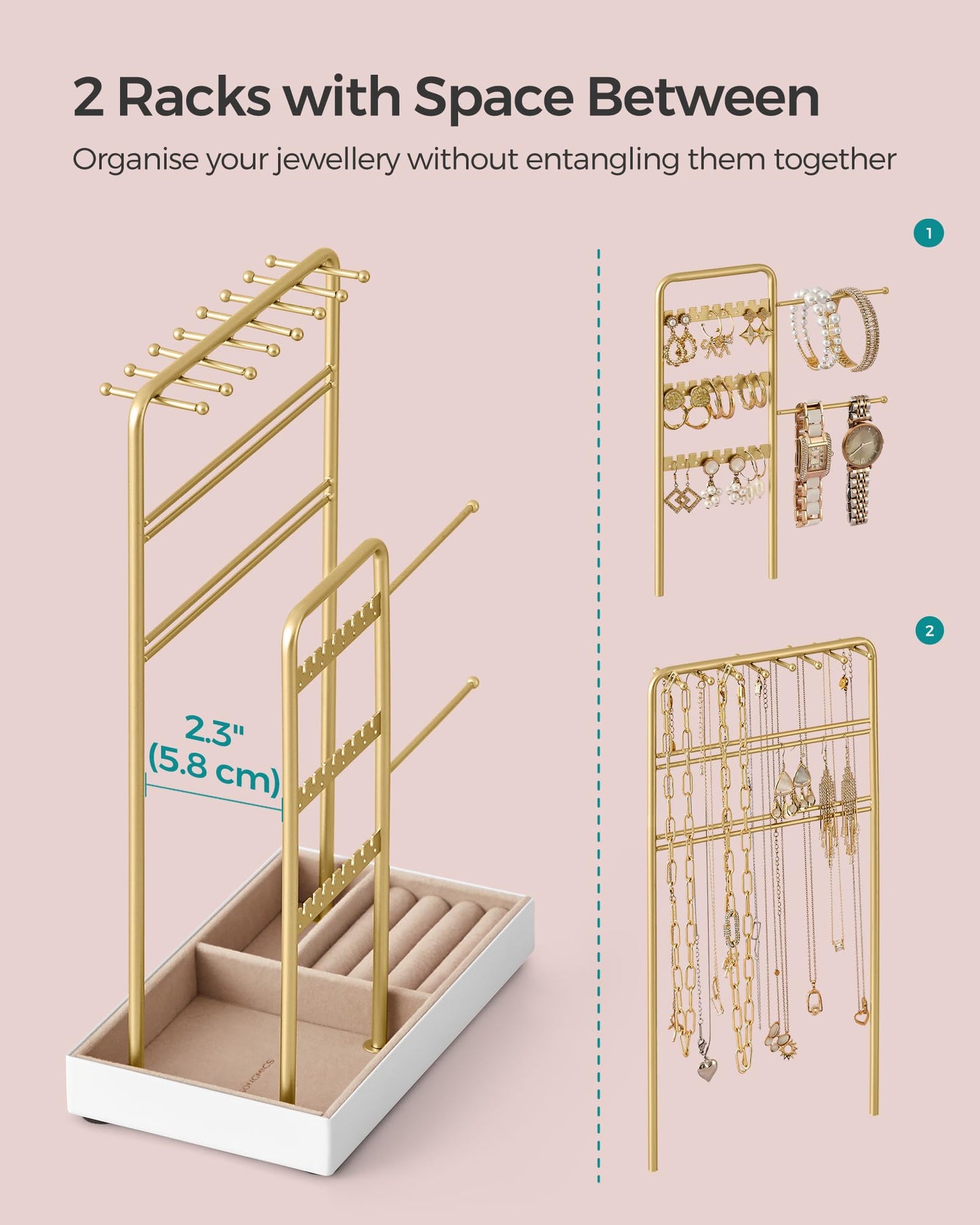 SONGMICS Jewellery Stand, Jewellery Organiser, Jewellery Display Stand with Metal Frame and Velvet Tray, Earring Bracelet Holder, Necklace Stand, for Studs, Rings, Gift Idea, Gold Colour JJS021A01