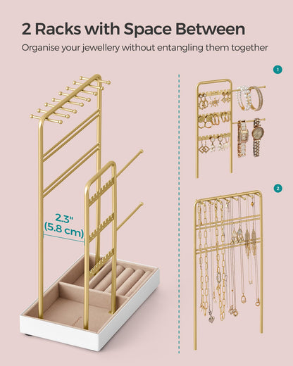SONGMICS Jewellery Stand, Jewellery Organiser, Jewellery Display Stand with Metal Frame and Velvet Tray, Earring Bracelet Holder, Necklace Stand, for Studs, Rings, Gift Idea, Gold Colour JJS021A01