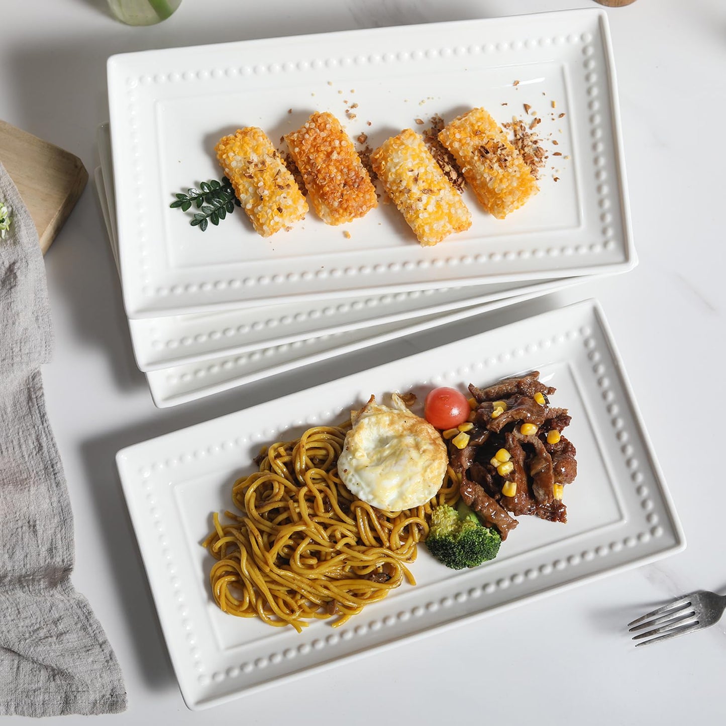 Feenmai 14 inch Ceramic Serving Platter - Rectangular Serving Trays Set of 4, Large Embossed Plates, Porcelain White Platters for Steak, Appetizer, Dessert, Tacos, Housewarming, Oven Dishwasher Safe
