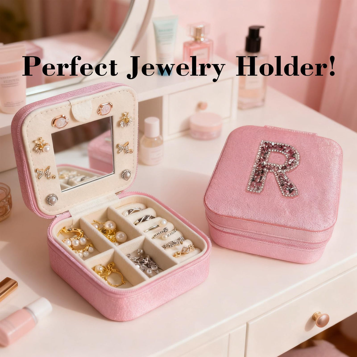 Zyvora Travel jewelry case Travel jewelry box Travel Jewelry Organizer Small box Gift for Girls Women with Mirror (Pink + R)