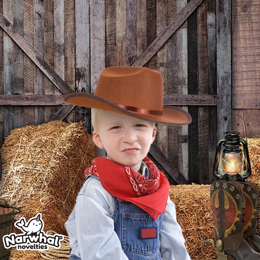 Narwhal Novelties Junior Brown Cowboy Hat with Red Bandana Set - Kids Western Wear with Felt Cowboy Hat for Boys, Kids Cowboy Hats for Dress up Parties - Kids Cowgirl Hat