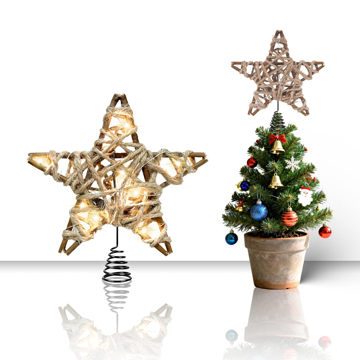 LAWOHO Christmas Tree Topper Retro Woven Star with Lights, Farmhouse Christmas Decor, Mini Rustic 6 Inch Star with 6H Timer, Light Up Christmas Tree Decorations, for Xmas Tree, Holiday, Party