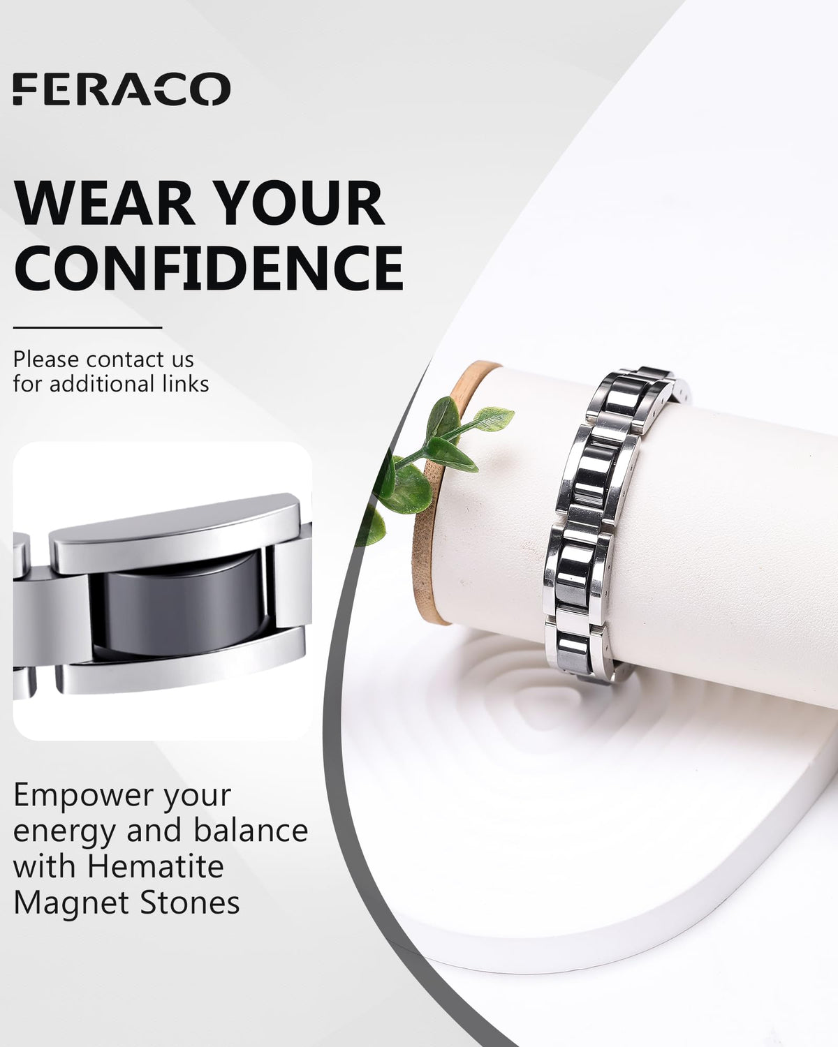 Feraco Mens Magnetic Bracelets, Classic Balck Titanium Stainless Steel Bracelet with Natural Hematite Magnet Stones,Men's Jewelry Gifts, 8.66 inch