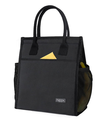 Fmeida Insulated Lunch Bag Women Men, 9L Large Lunch Bags with Multiple Pockets, Reusable Thermal Cooler Tote for Work, Office, Picnic, Travel | Hook and Loop Closure, Black