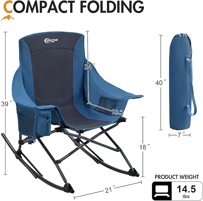 Portal Outdoor Rocking Chair Camping Folding Portable Rocker with Cup Holder Side Pocket Carry Bag, Support 350LBS, Blue