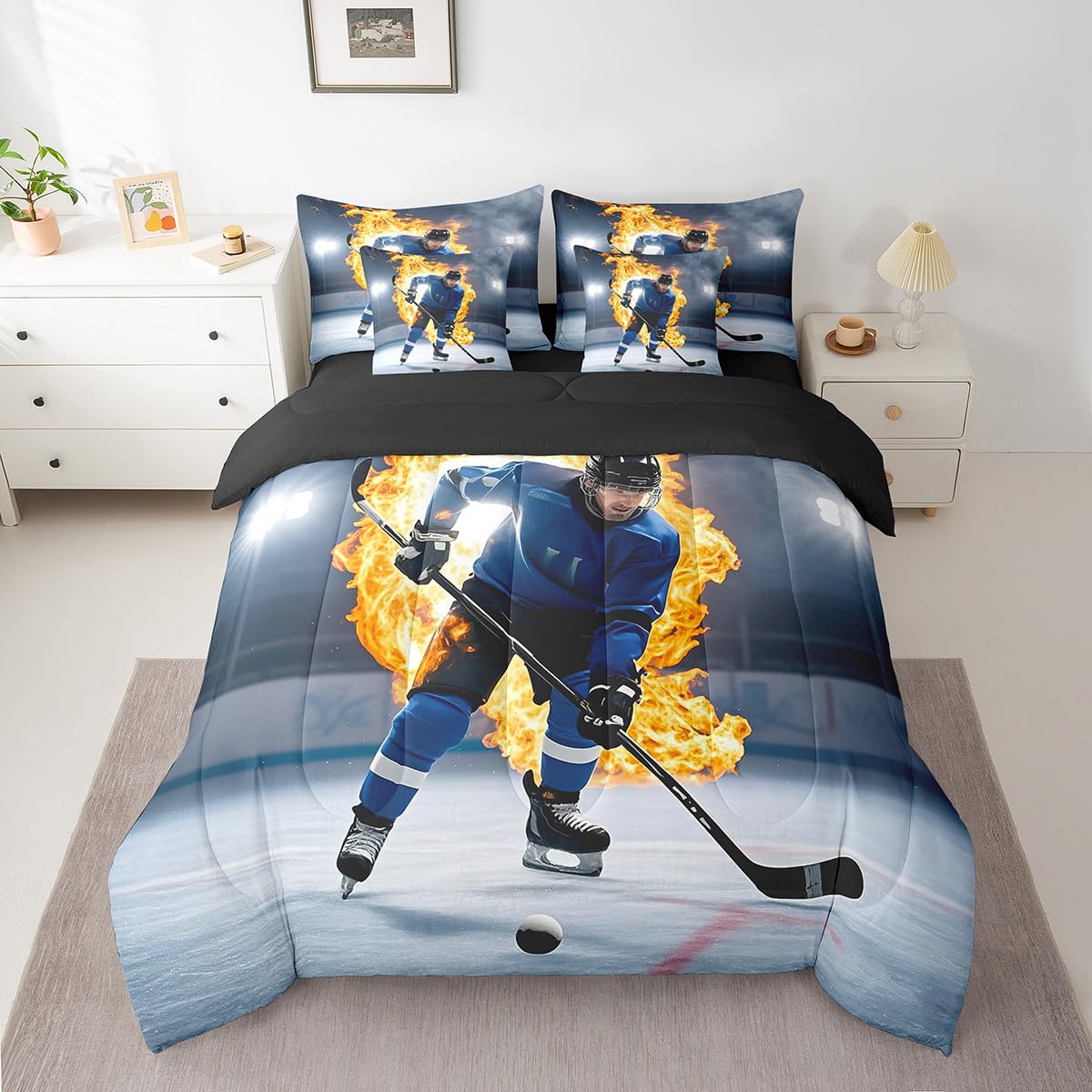 Erosebridal Teens Ice Hockey Bed in A Bag 7 Piece Puck Comforter Set Twin Size Sports Games Bedding Sets for Kids Teens Boys Girls Winter Match Grunge Sheet Set