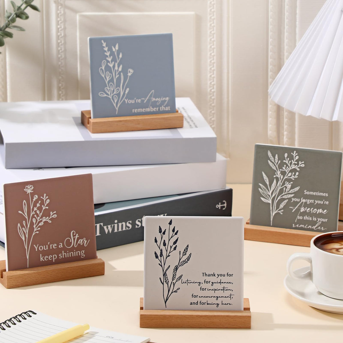Roowest 20 Set Employee Appreciation Gifts Bulk Inspirational Desk Decor Motivational Quote Sign Table Plaques with Wooden Stand for Coworkers Teachers Thank You Favors Office Supplies