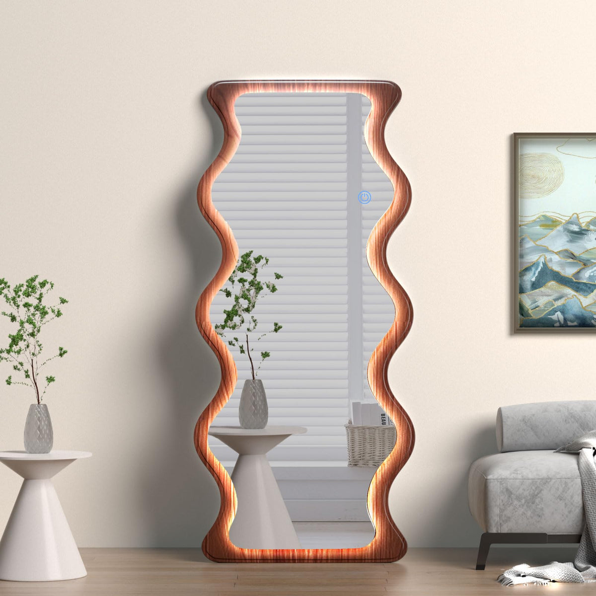osemy 65"x 24" Irregular Wavy LED Full Length Mirror with Lights Wood Frame Full Body Mirror, Free Standing/Wall Mounted/Leaning for Dressing Bedroom Living Room Walnut Brown