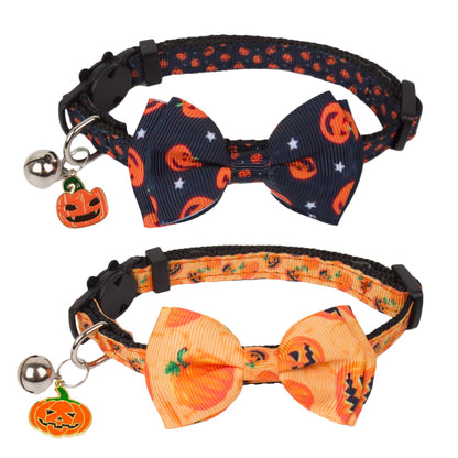 PTDECOR Halloween Cat Collars with Bow Tie Bell, 2 Pack Breakaway Kitten Collar with Removable Bowtie Pumpkin Halloween Collar for Girl Boy Cats (Black & Yellow)