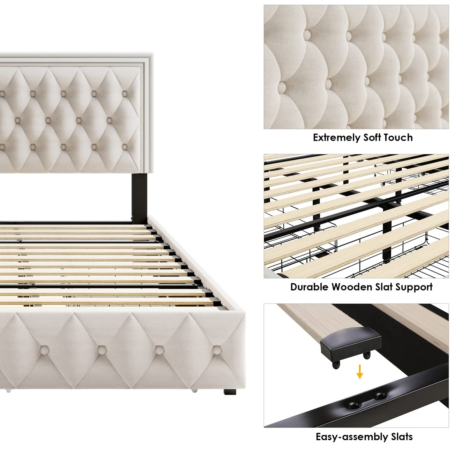 Keyluv Queen Size LED Bed Frame with 4 Storage Drawers and Adjustable Headboard, Velvet Upholstered Button Tufted Modern Platform Bed, Solid Wooden Slats Support, Easy Assembly, Beige